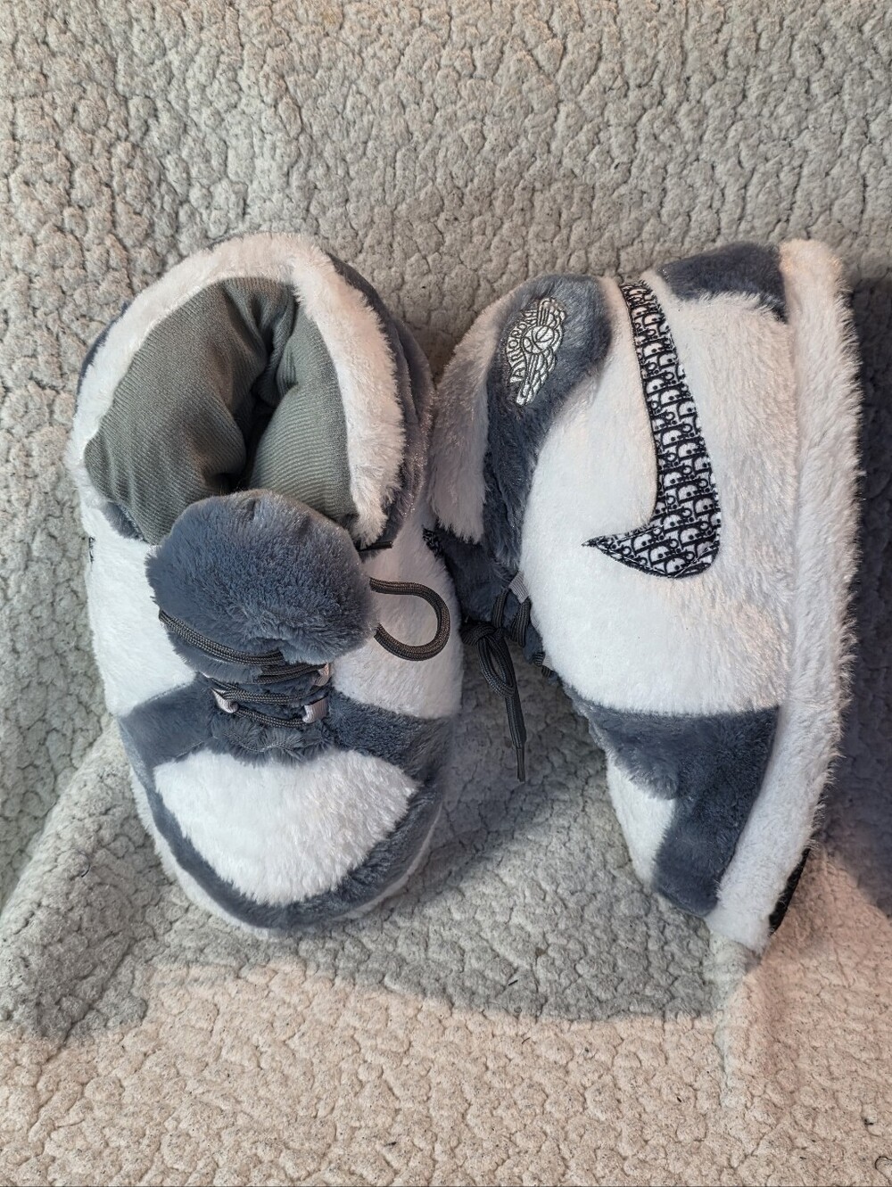 Oversized Plush Sneaker Slippers AJ1 Dior Style Grey White House Shoes Unisex